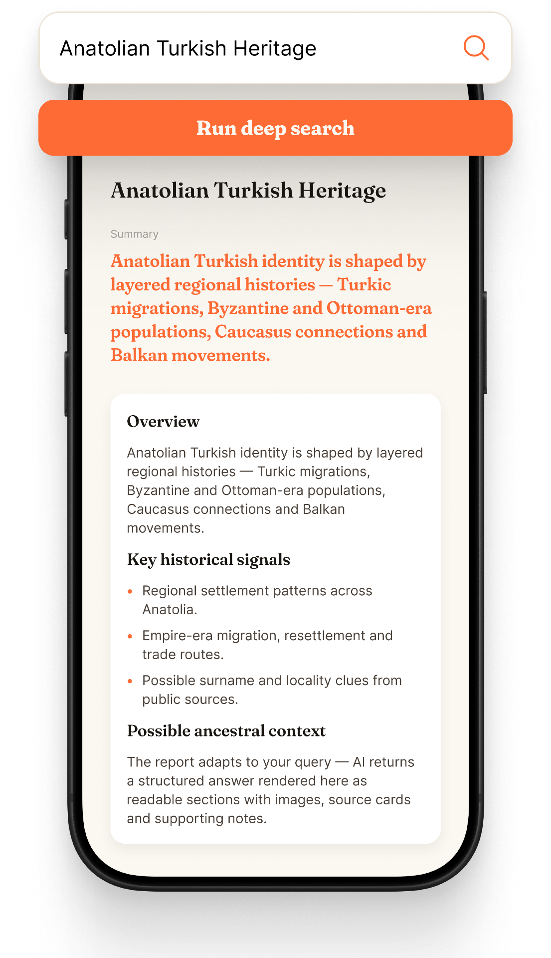 Deep research screen showing an Anatolian Turkish Heritage report