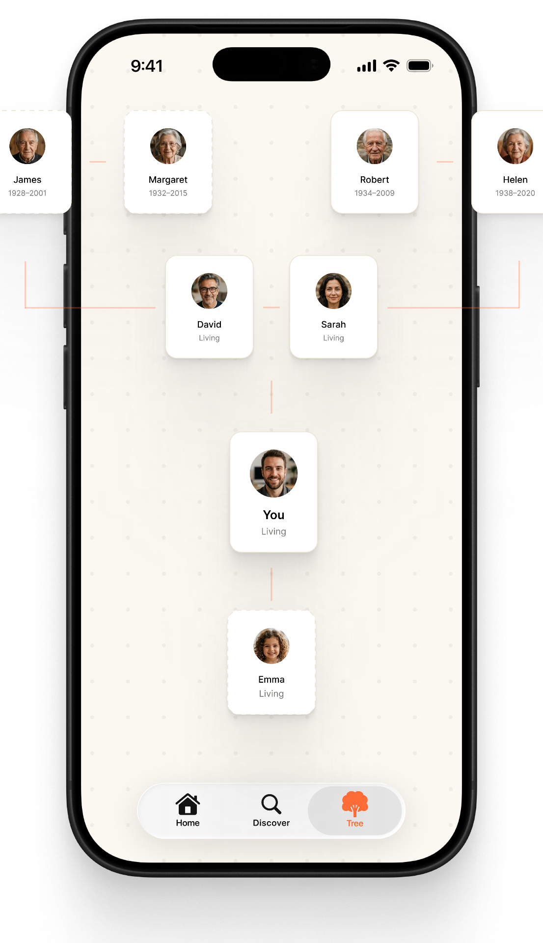 Family tree screen with grandparents, parents, You and Emma